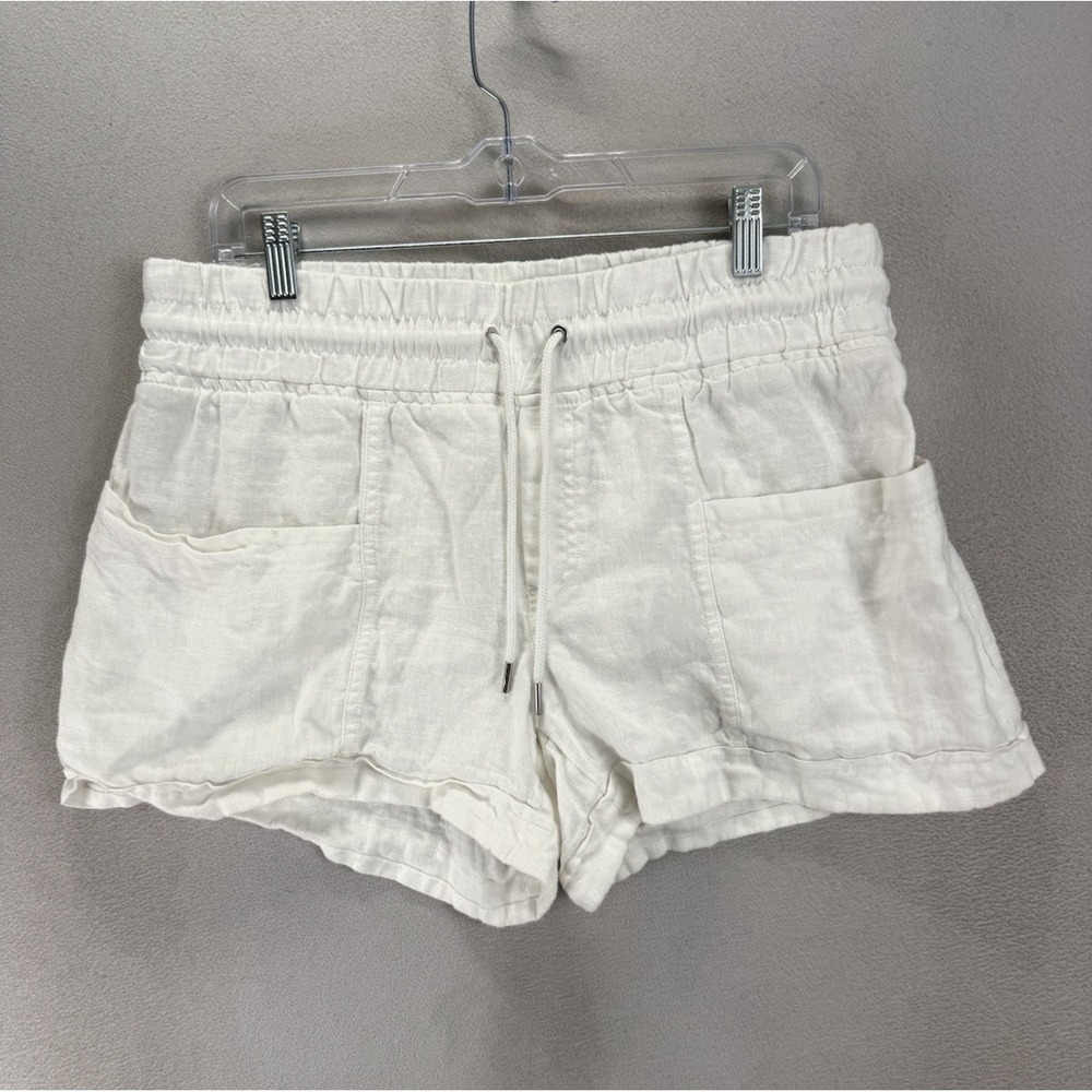Athleta Cabo White 100% Linen Shorts Sz 10 Relaxed Drawstring Patch Pockets